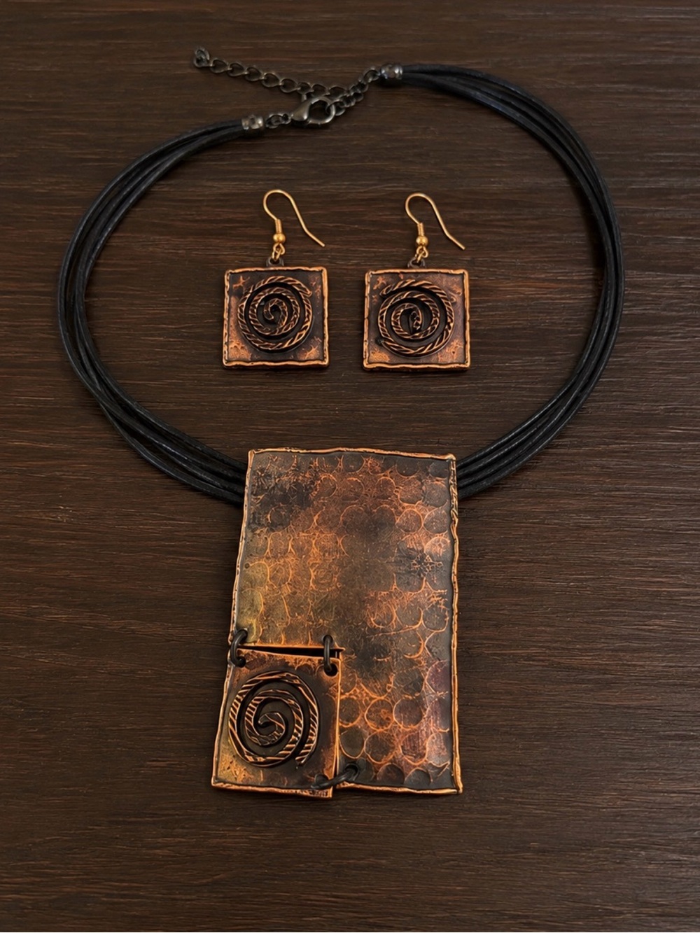 Geometric Hammered Copper Necklace & Earrings Set